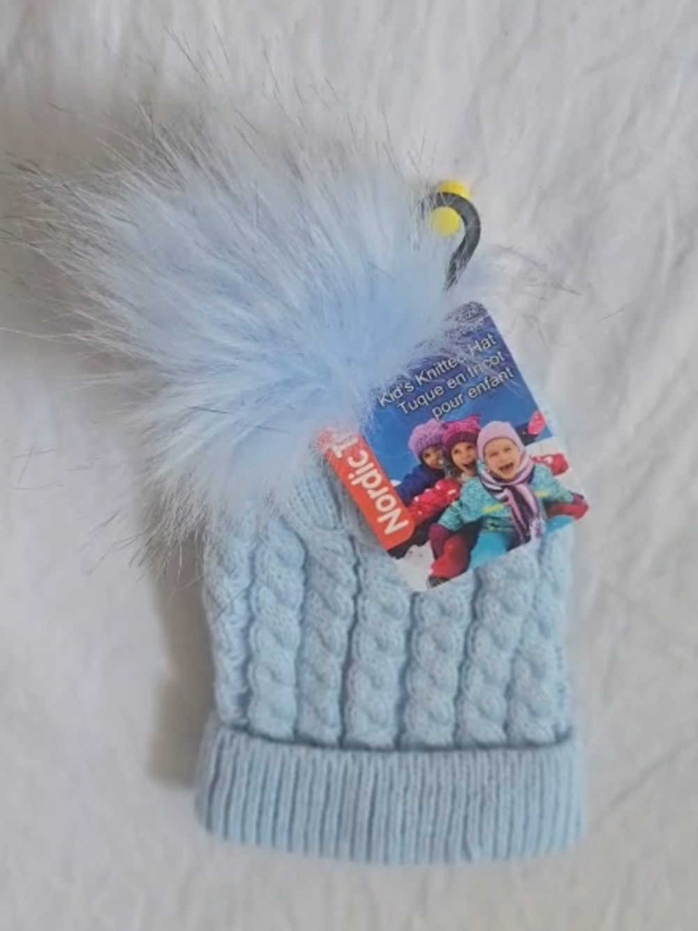 Kids Light Blue Cable Knit Beanie with Faux Fur Pom